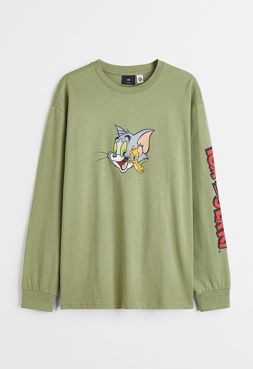 H&M - Relaxed fit printed jersey top - sage green/tom and jerry