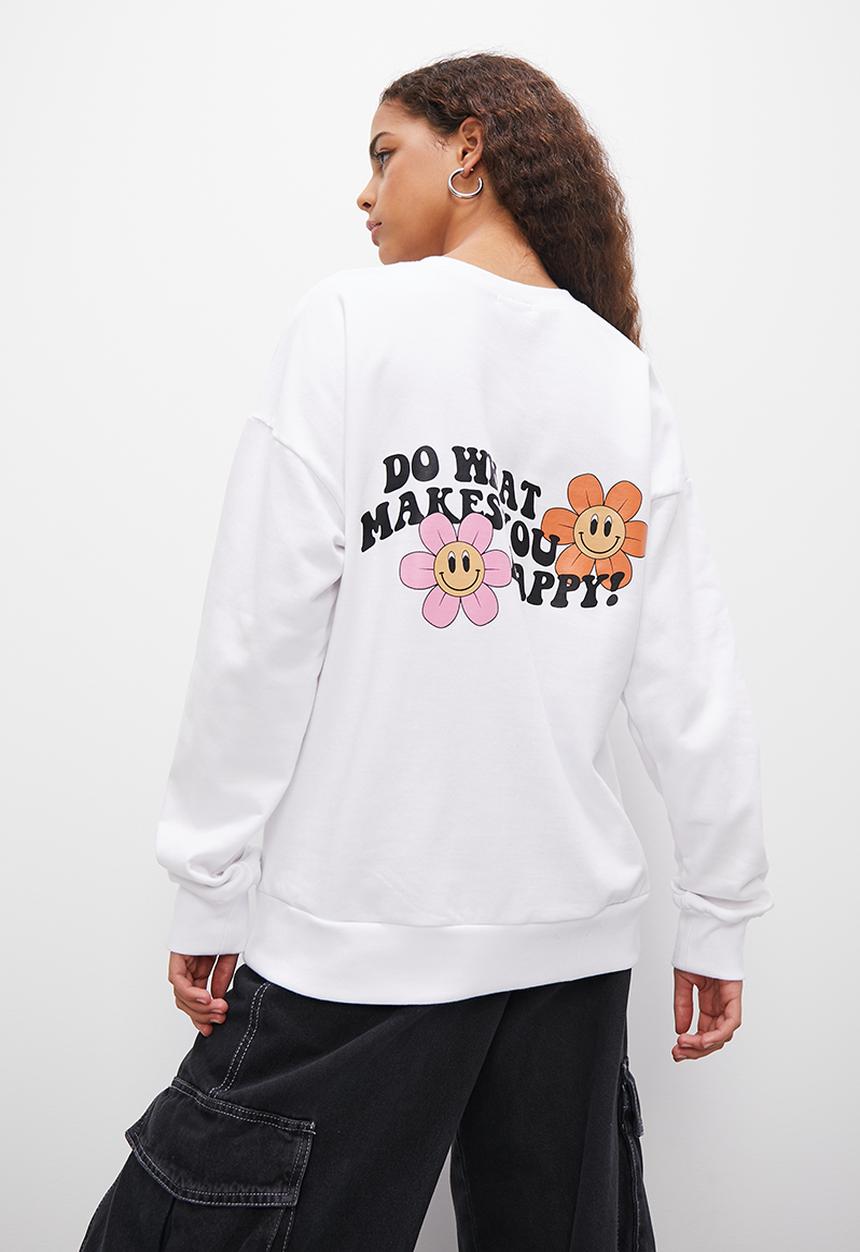 Blake - Slouch back graphic crew - white