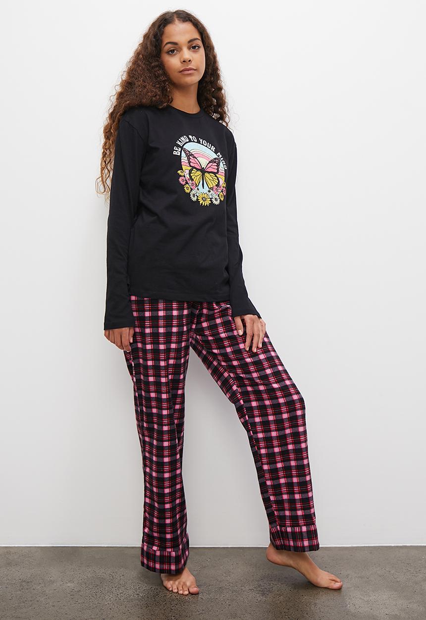 Blake - Long sleeve top & flannel pants set -  black & pink check