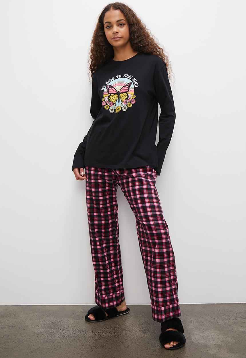 Blake - Long sleeve top & flannel pants set -  black & pink check