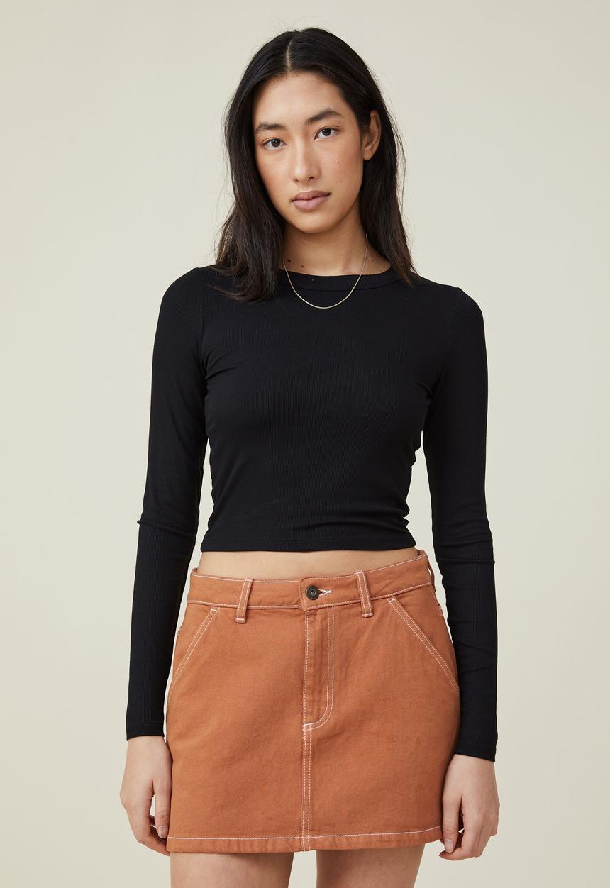 Cotton On - Staple rib long sleeve top - black