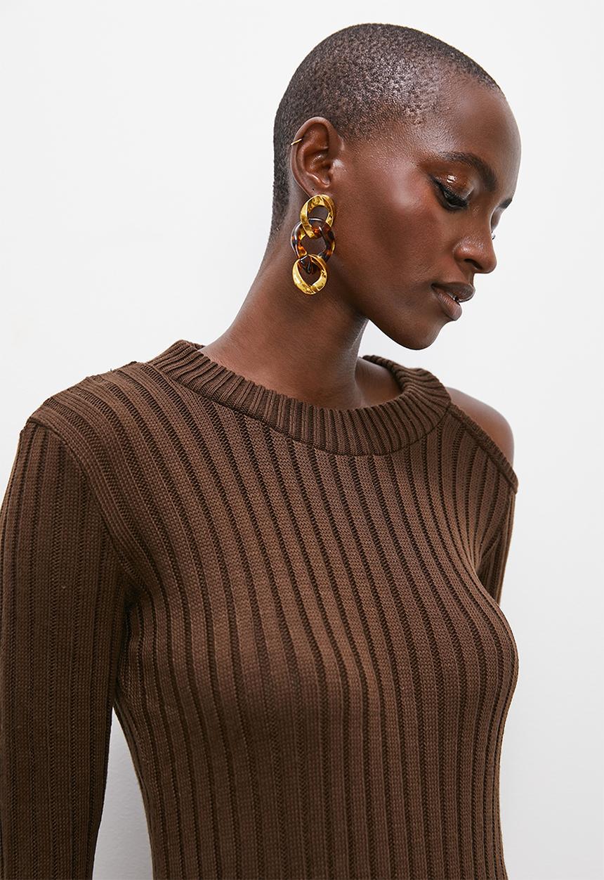 Superbalist - Cut away shoulder column knitwear dress - brown