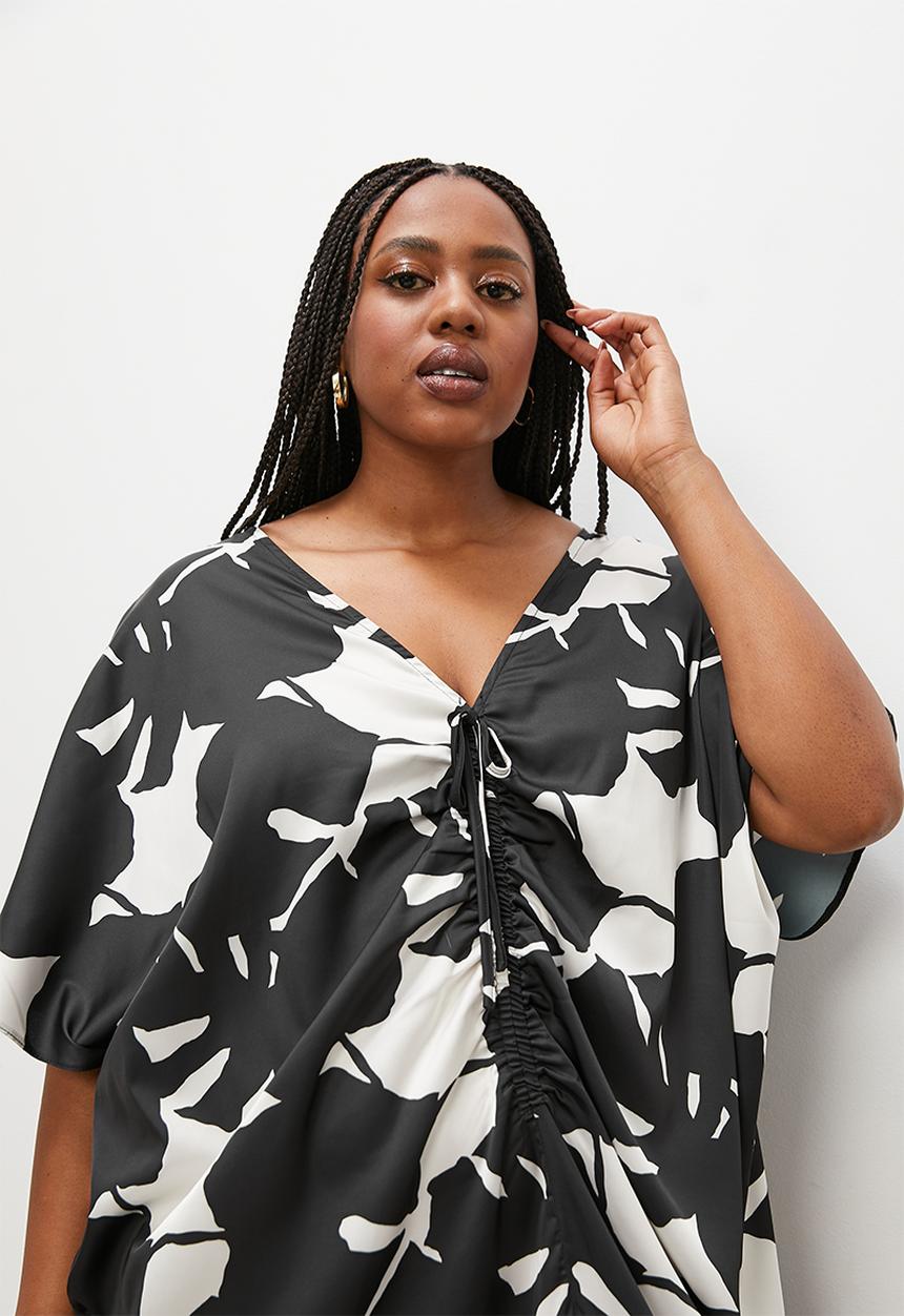 Superbalist - Printed satin kaftan dress with front drawstring detail - large shadow leaf