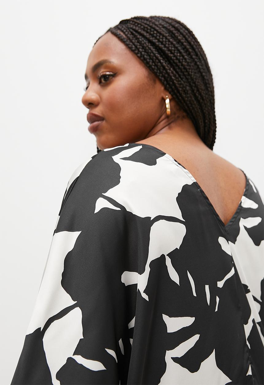 Superbalist - Printed satin kaftan dress with front drawstring detail - large shadow leaf