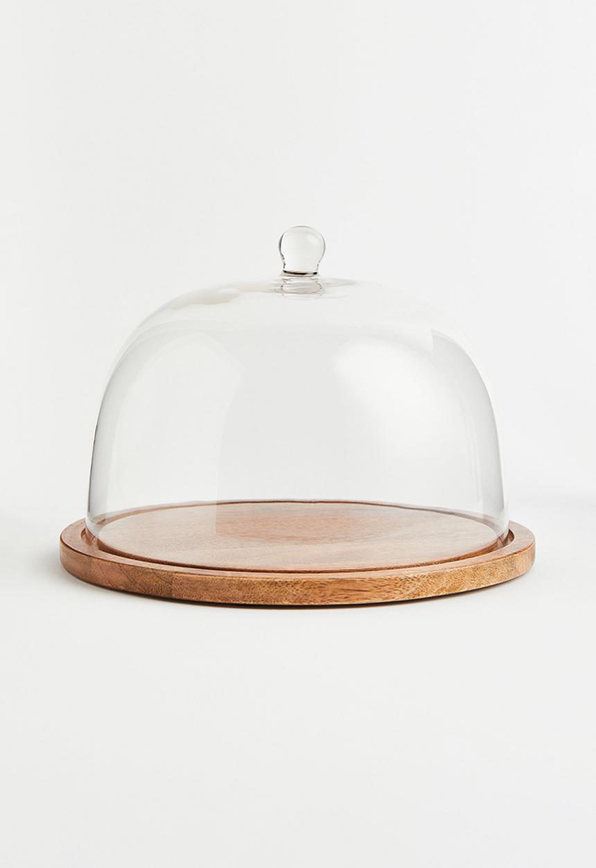 H&M - Glass dome with a wooden tray - brown/transparent