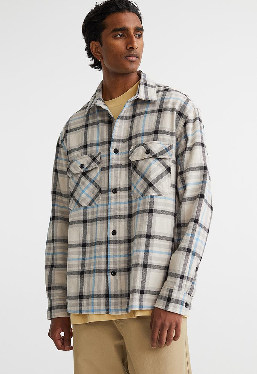 H&M - Relaxed fit overshirt - light beige/checked