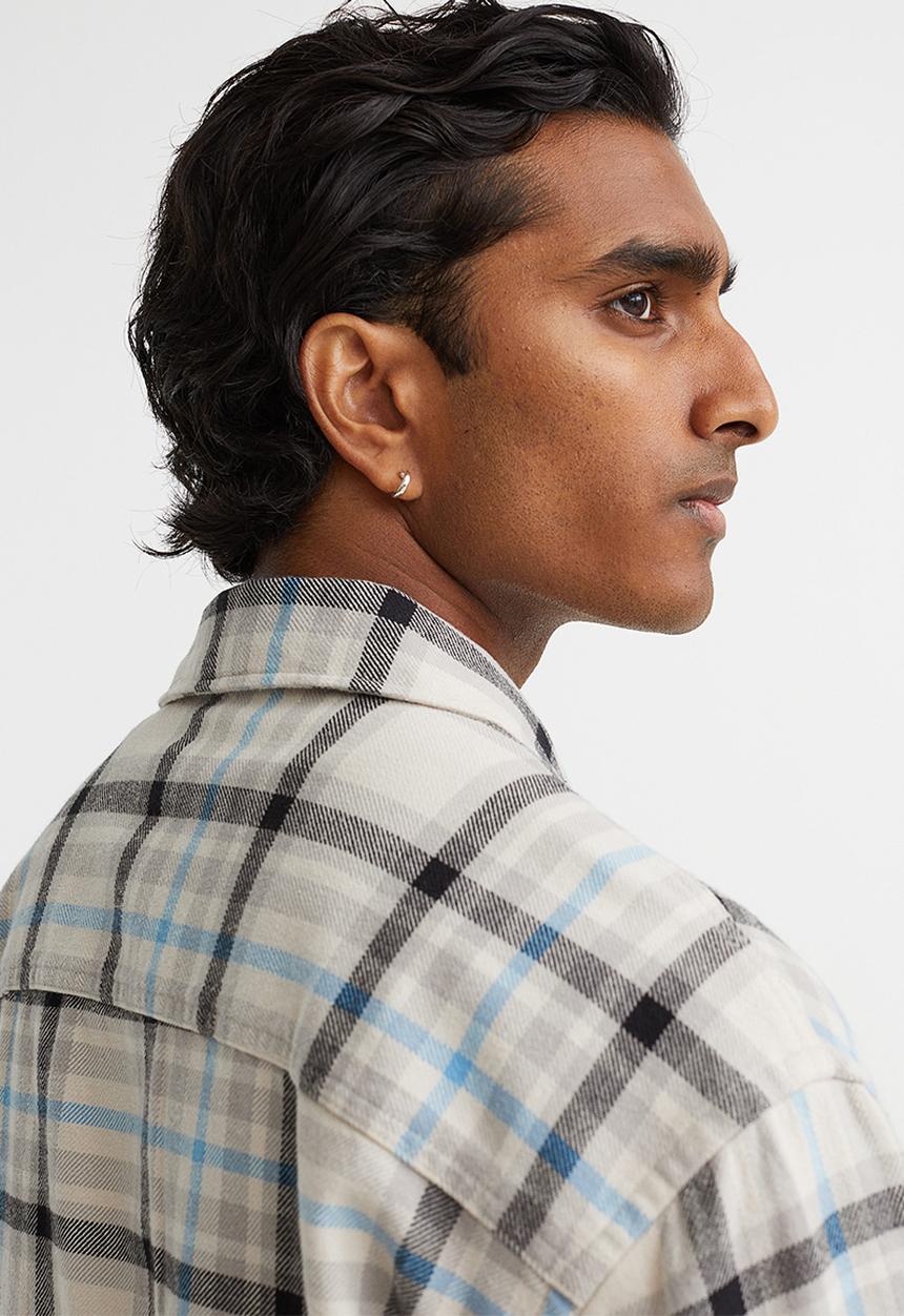 H&M - Relaxed fit overshirt - light beige/checked