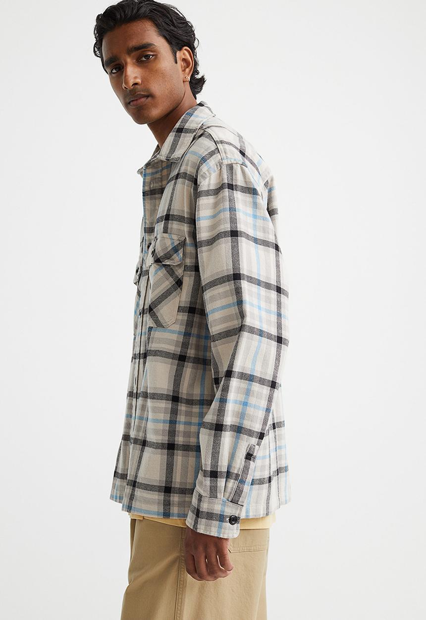 H&M - Relaxed fit overshirt - light beige/checked