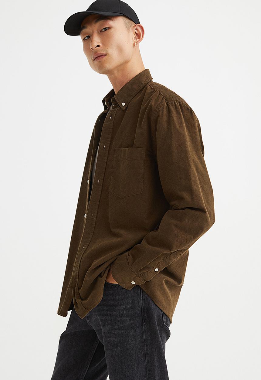H&M - Regular fit corduroy shirt - dark khaki green