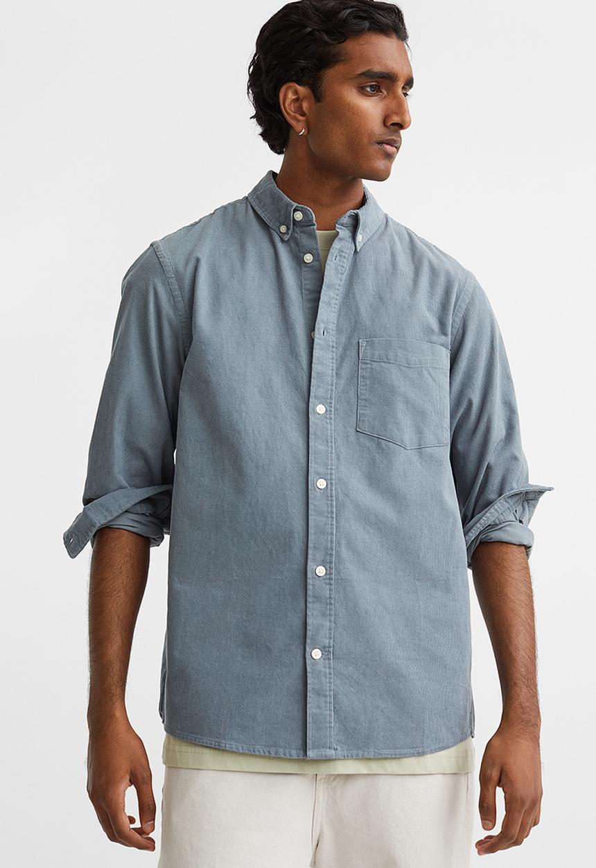 H&M - Regular fit corduroy shirt - grey-blue