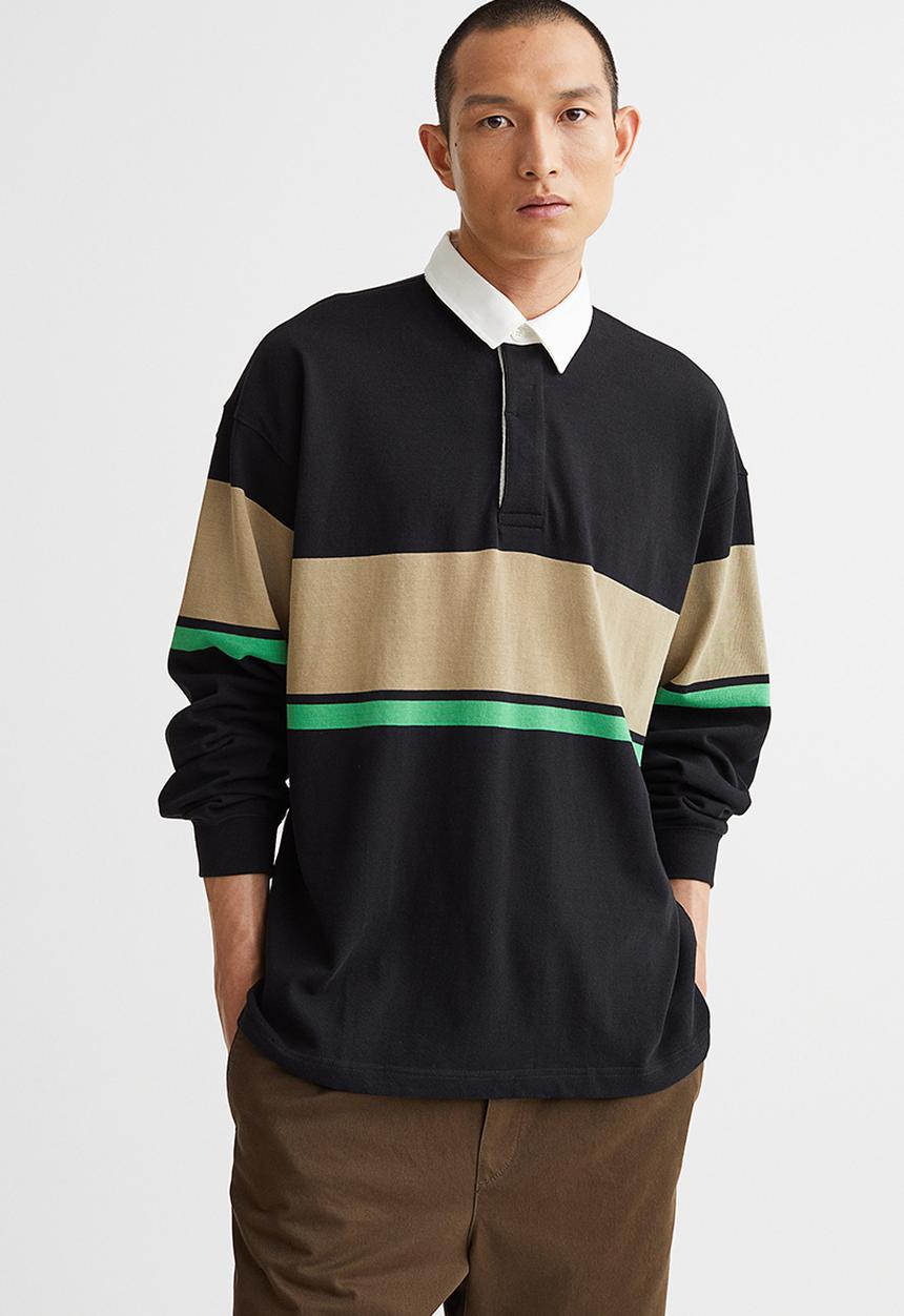 H&M - Oversized fit cotton rugby shirt - black & beige