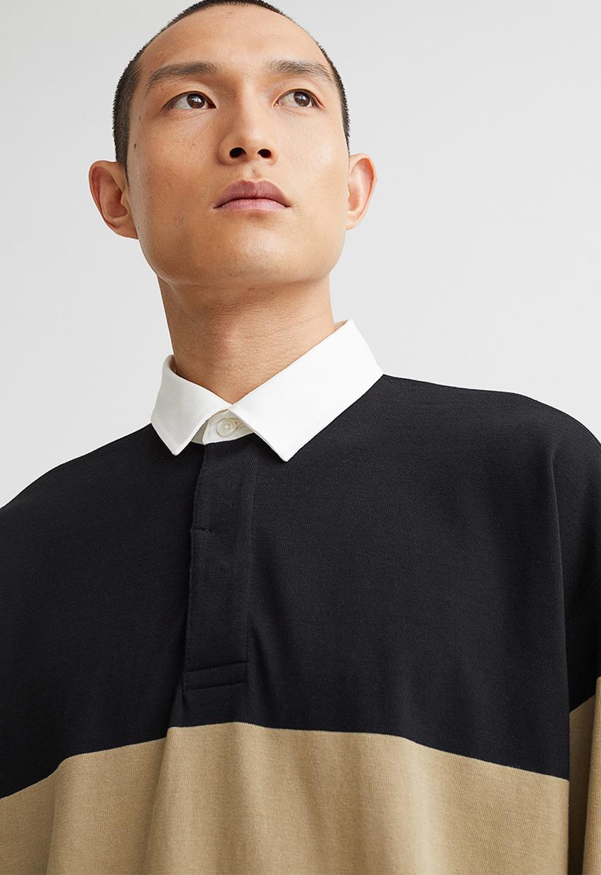 H&M - Oversized fit cotton rugby shirt - black & beige