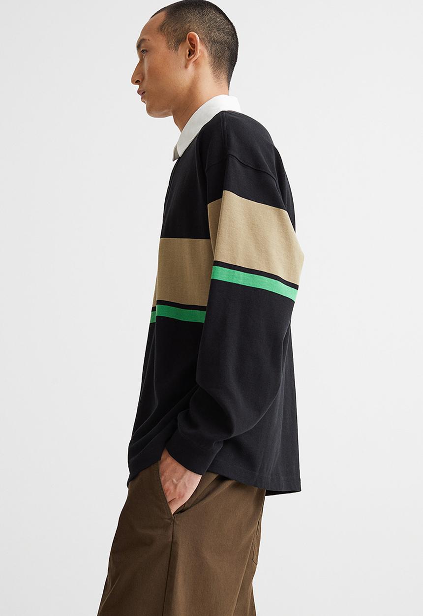 H&M - Oversized fit cotton rugby shirt - black & beige
