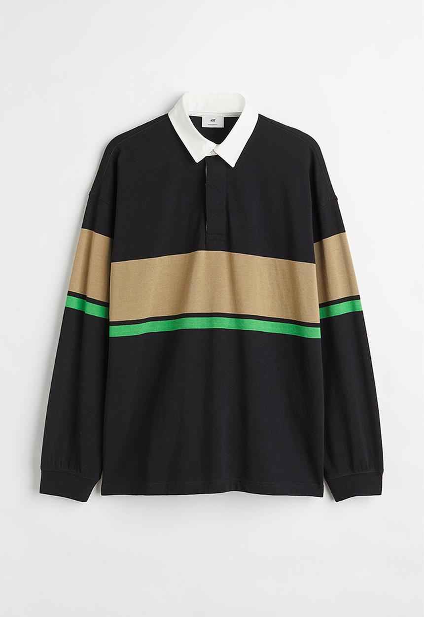 H&M - Oversized fit cotton rugby shirt - black & beige