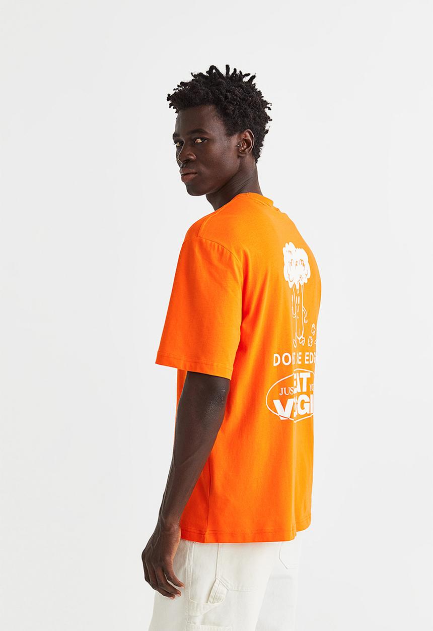 H&M - Relaxed fit printed T-shirt - orange/eat veggie