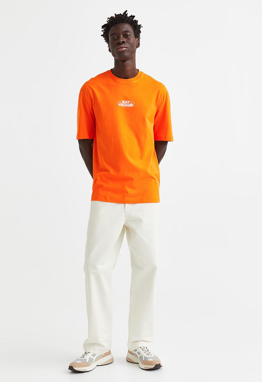 H&M - Relaxed fit printed T-shirt - orange/eat veggie
