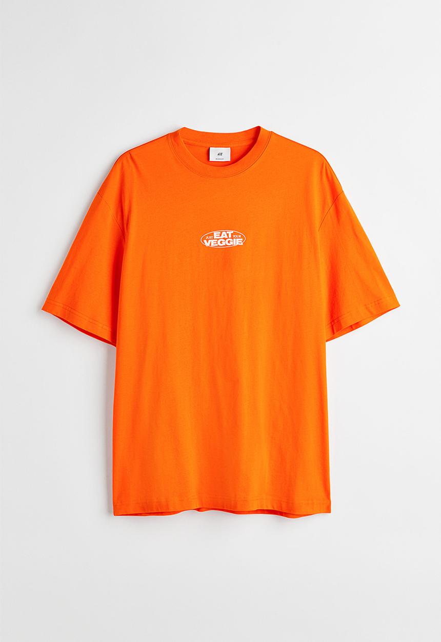 H&M - Relaxed fit printed T-shirt - orange/eat veggie