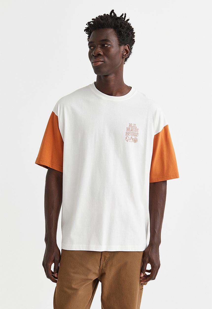 H&M - Oversized fit cotton T-shirt - white/orange
