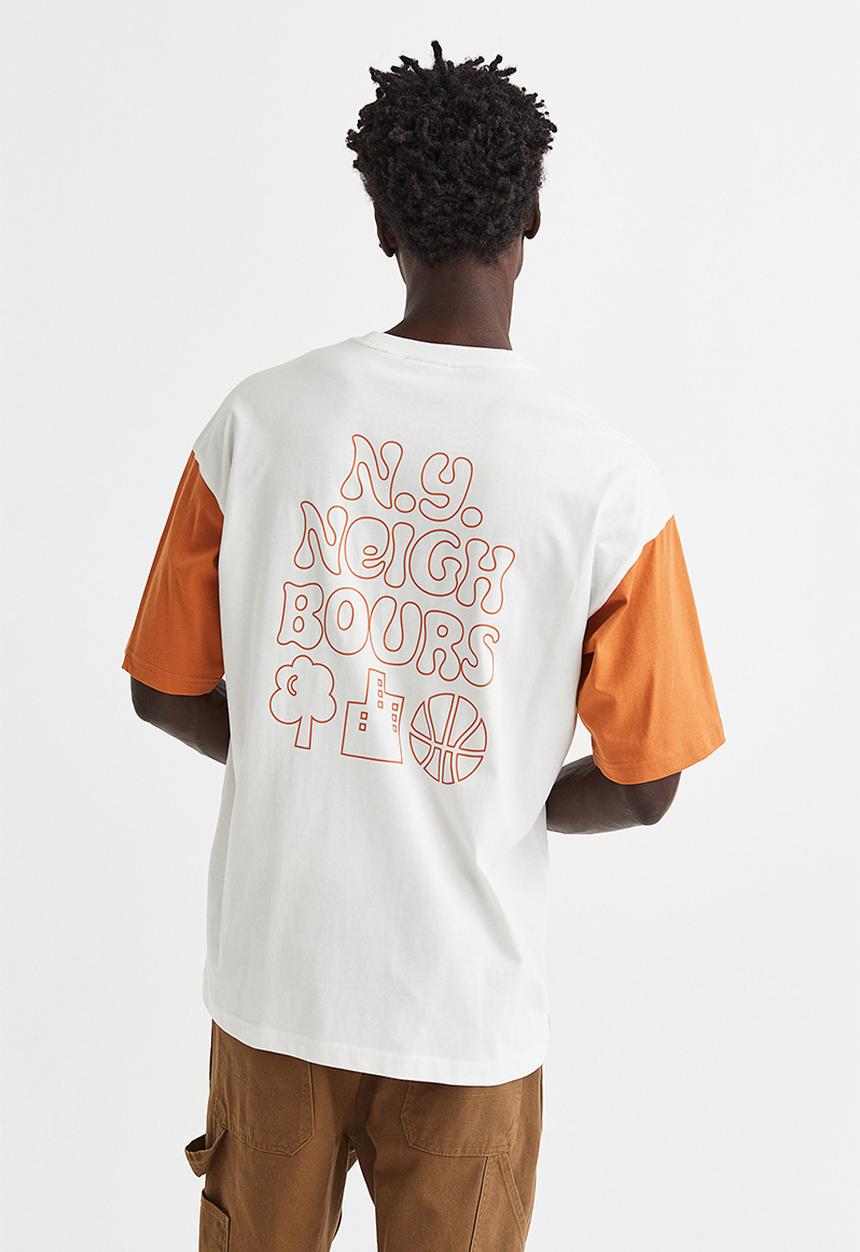 H&M - Oversized fit cotton T-shirt - white/orange
