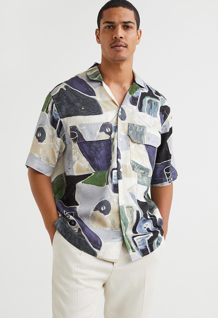 H&M - Relaxed fit lyocell resort shirt - dark blue/patterned
