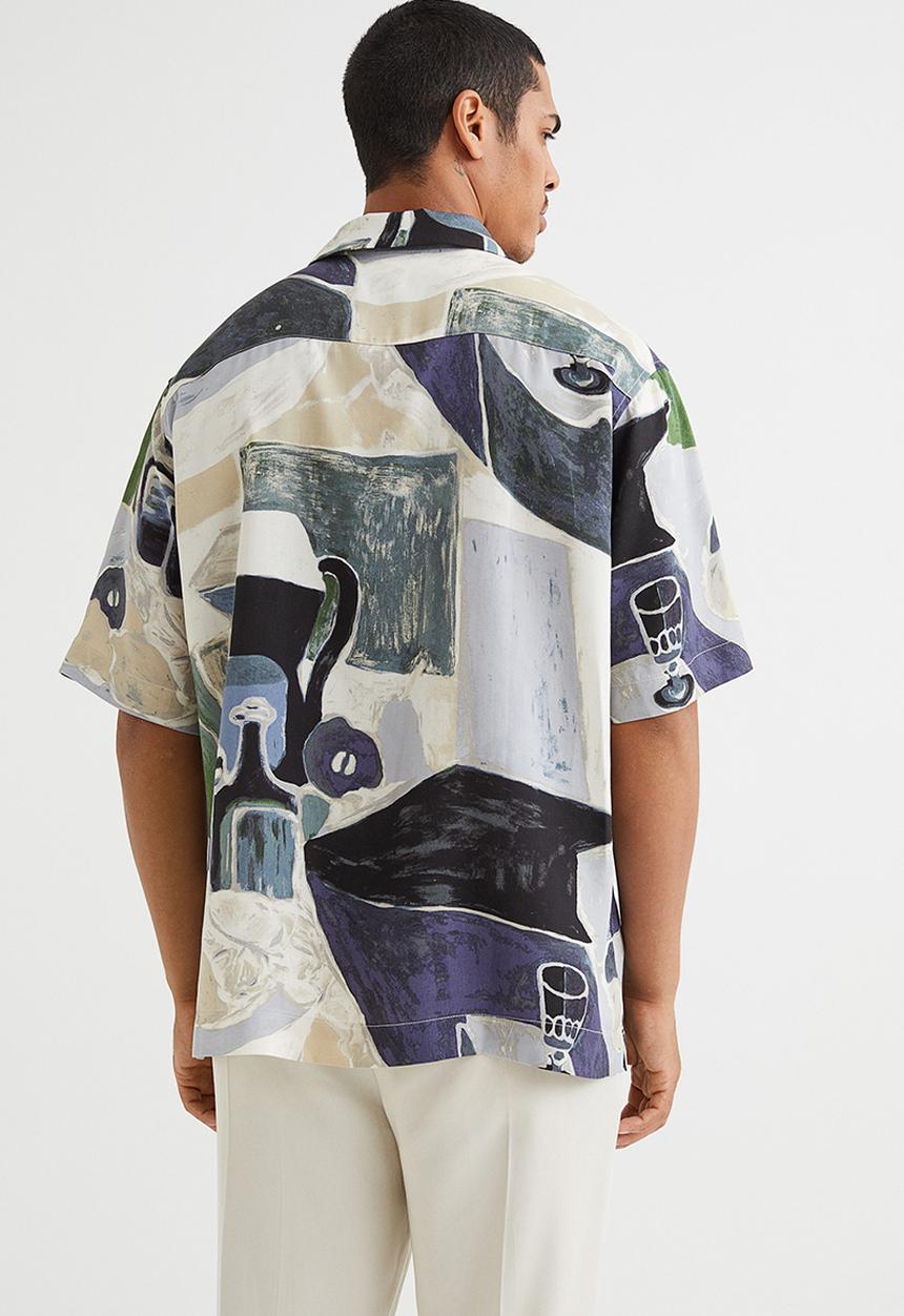 H&M - Relaxed fit lyocell resort shirt - dark blue/patterned