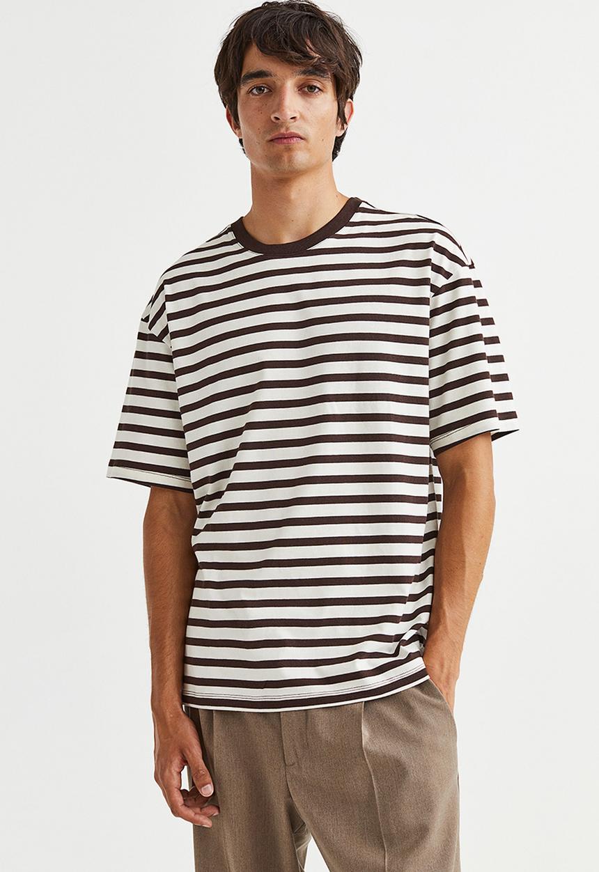 H&M - Relaxed fit cotton T-shirt - brown & white striped