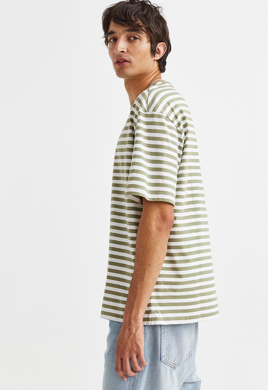 H&M - Relaxed fit cotton T-shirt - green & white striped