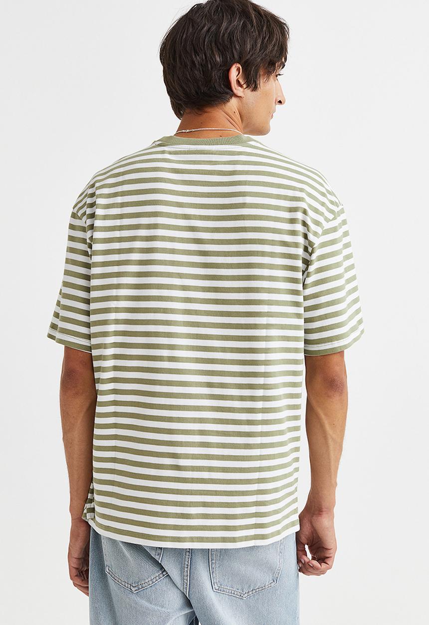 H&M - Relaxed fit cotton T-shirt - green & white striped