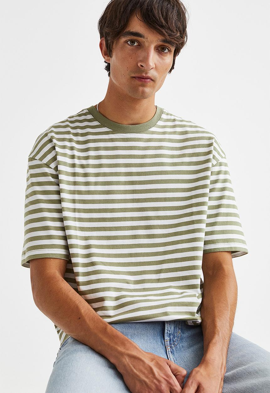 H&M - Relaxed fit cotton T-shirt - green & white striped