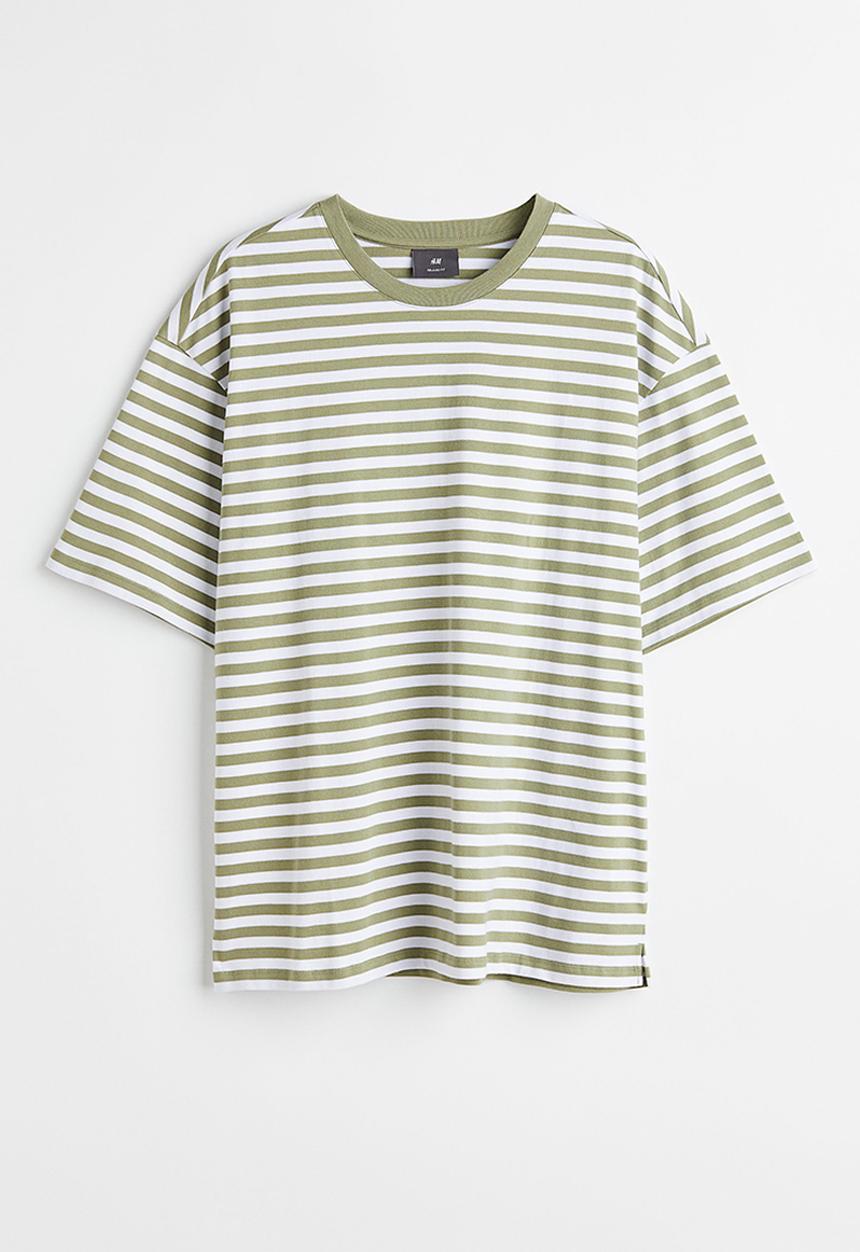 H&M - Relaxed fit cotton T-shirt - green & white striped
