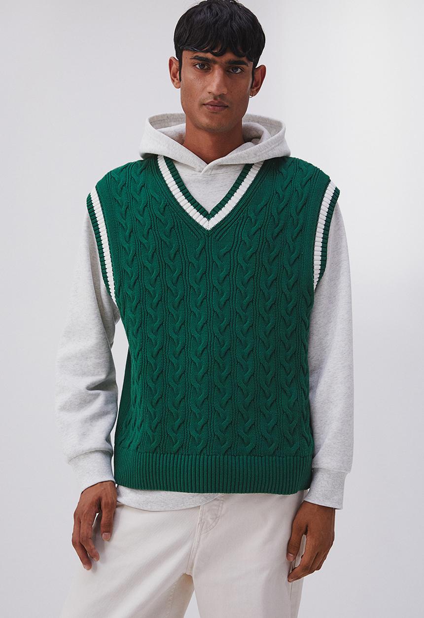 H&M - Relaxed fit cable-knit sweater vest - dark green & white