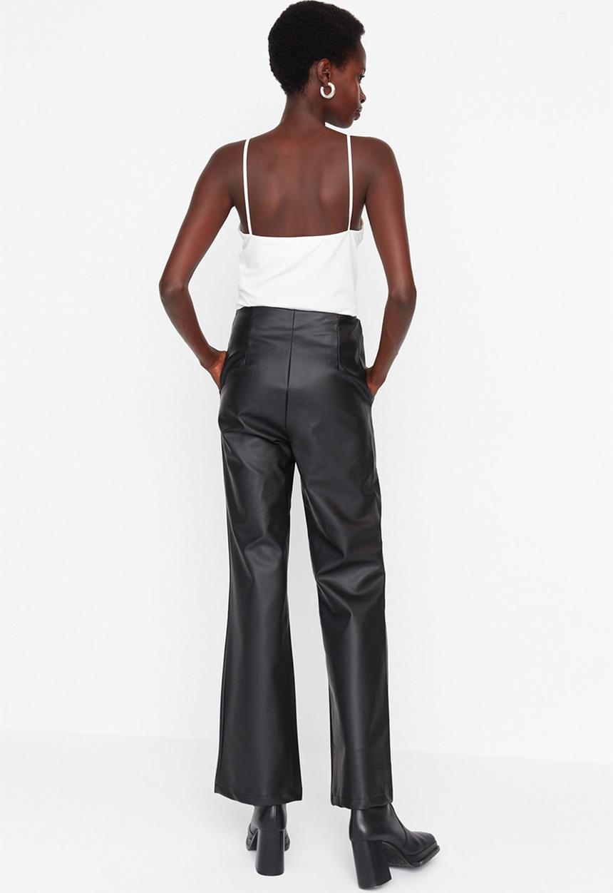 Trendyol - Faux leather front buttoned trousers - black