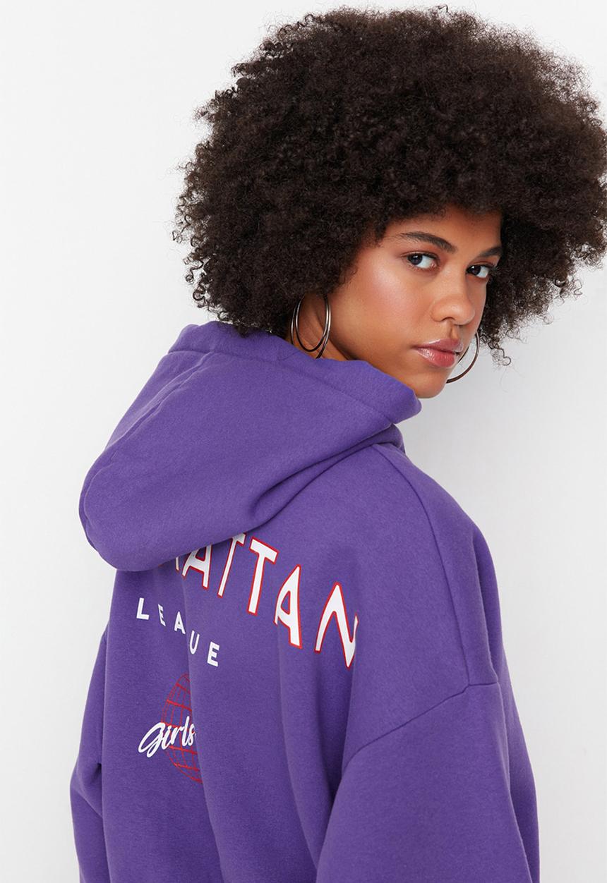 Trendyol - Back print hooded thick fleece sweatshirt - purple