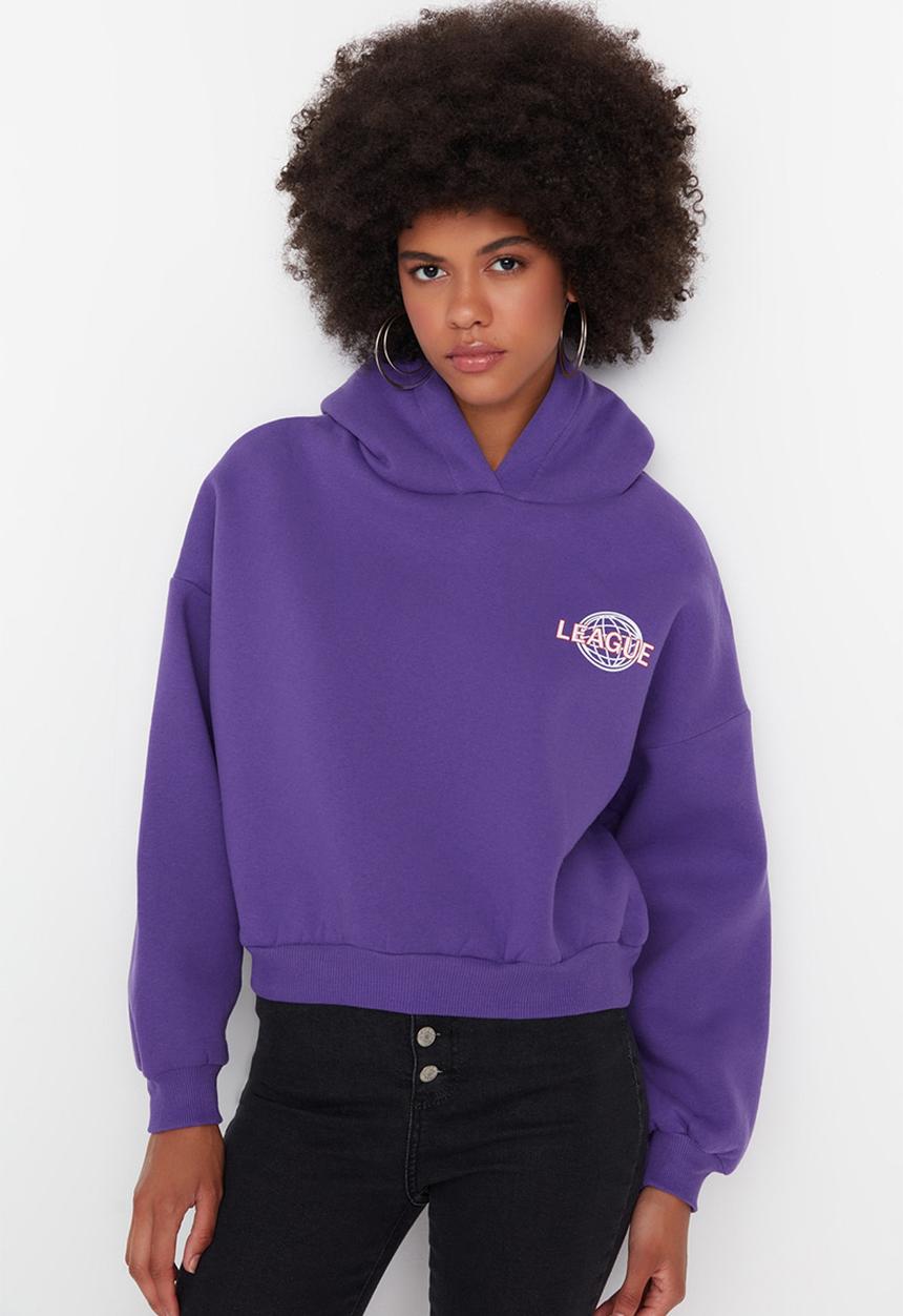 Trendyol - Back print hooded thick fleece sweatshirt - purple