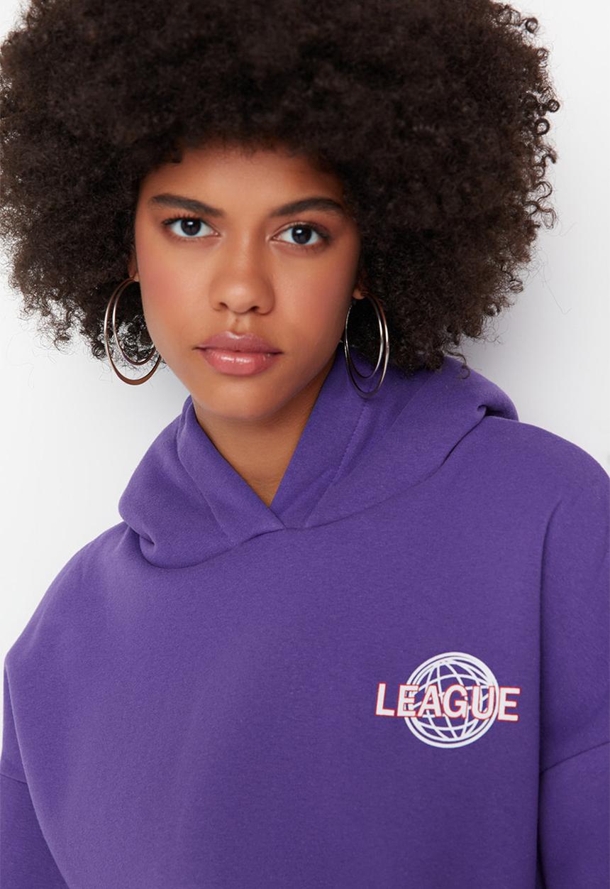 Trendyol - Back print hooded thick fleece sweatshirt - purple
