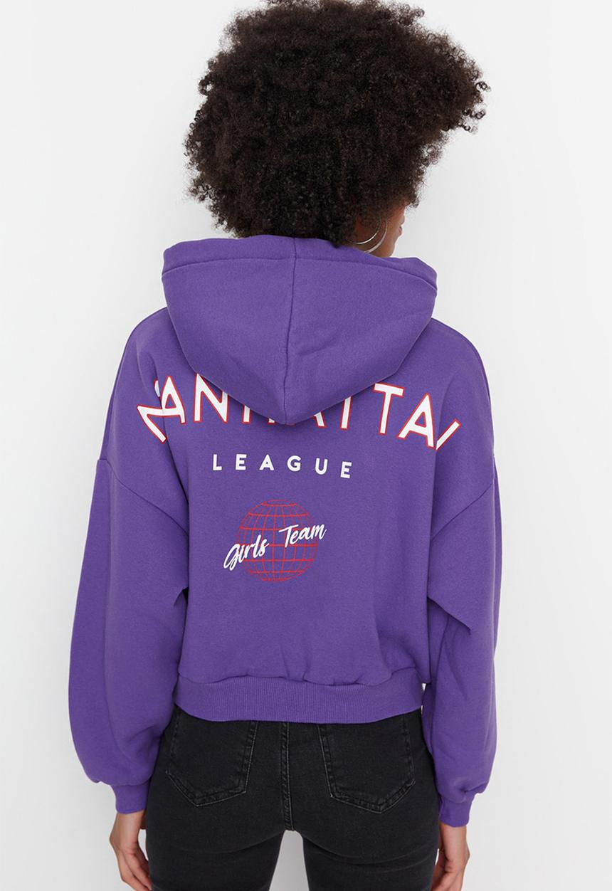 Trendyol - Back print hooded thick fleece sweatshirt - purple