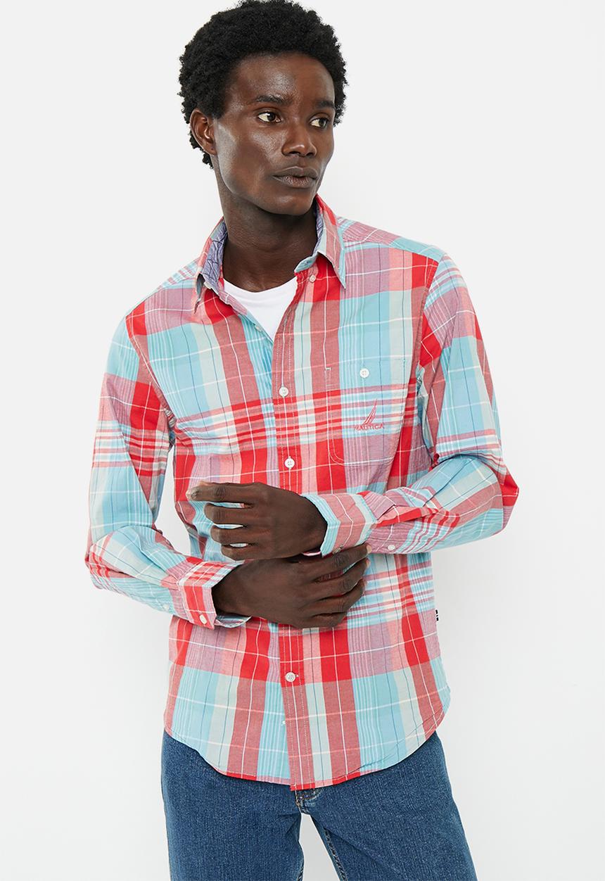 Nautica - Nautical true red check long sleeve woven shirt - petrol