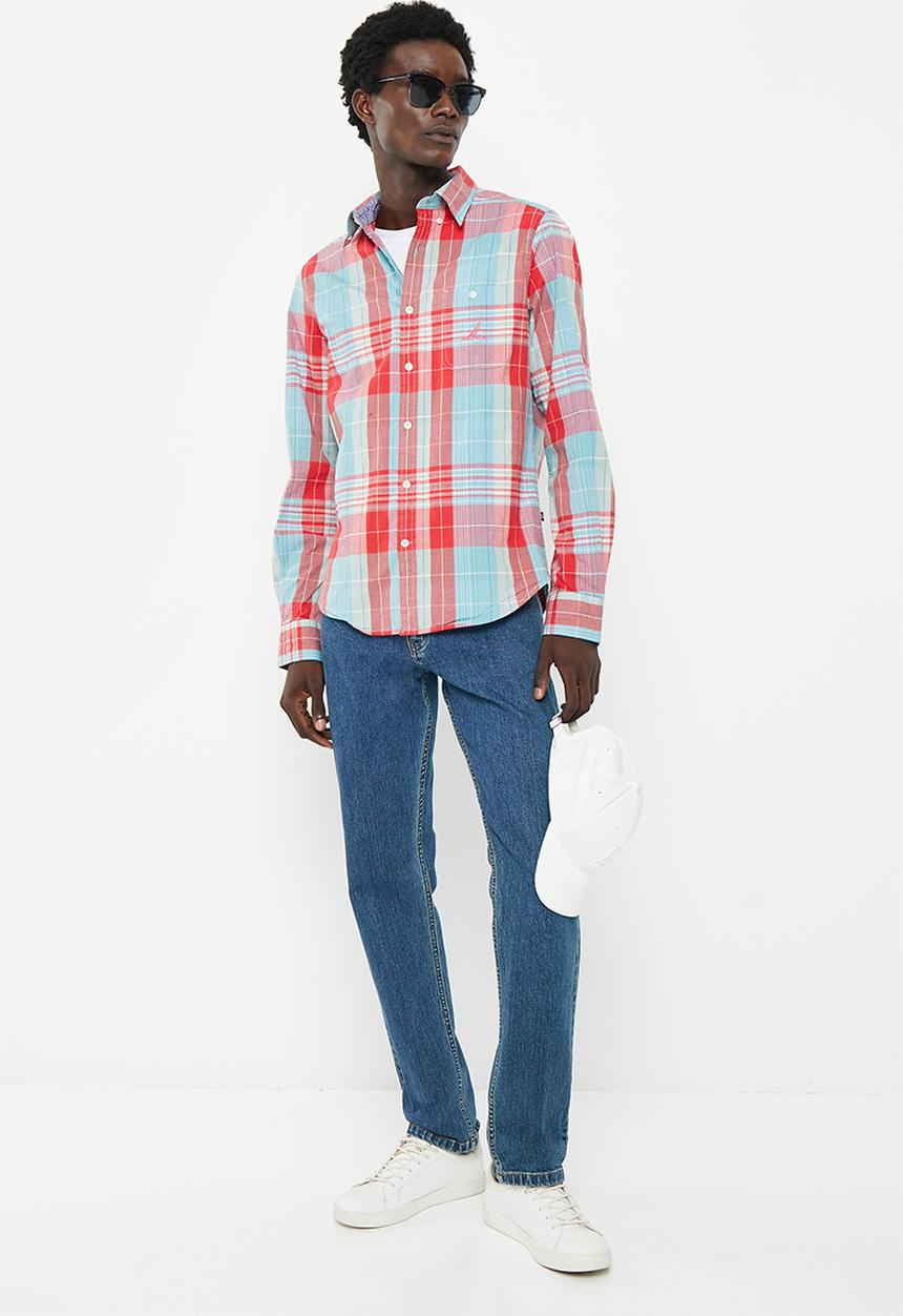 Nautica - Nautical true red check long sleeve woven shirt - petrol