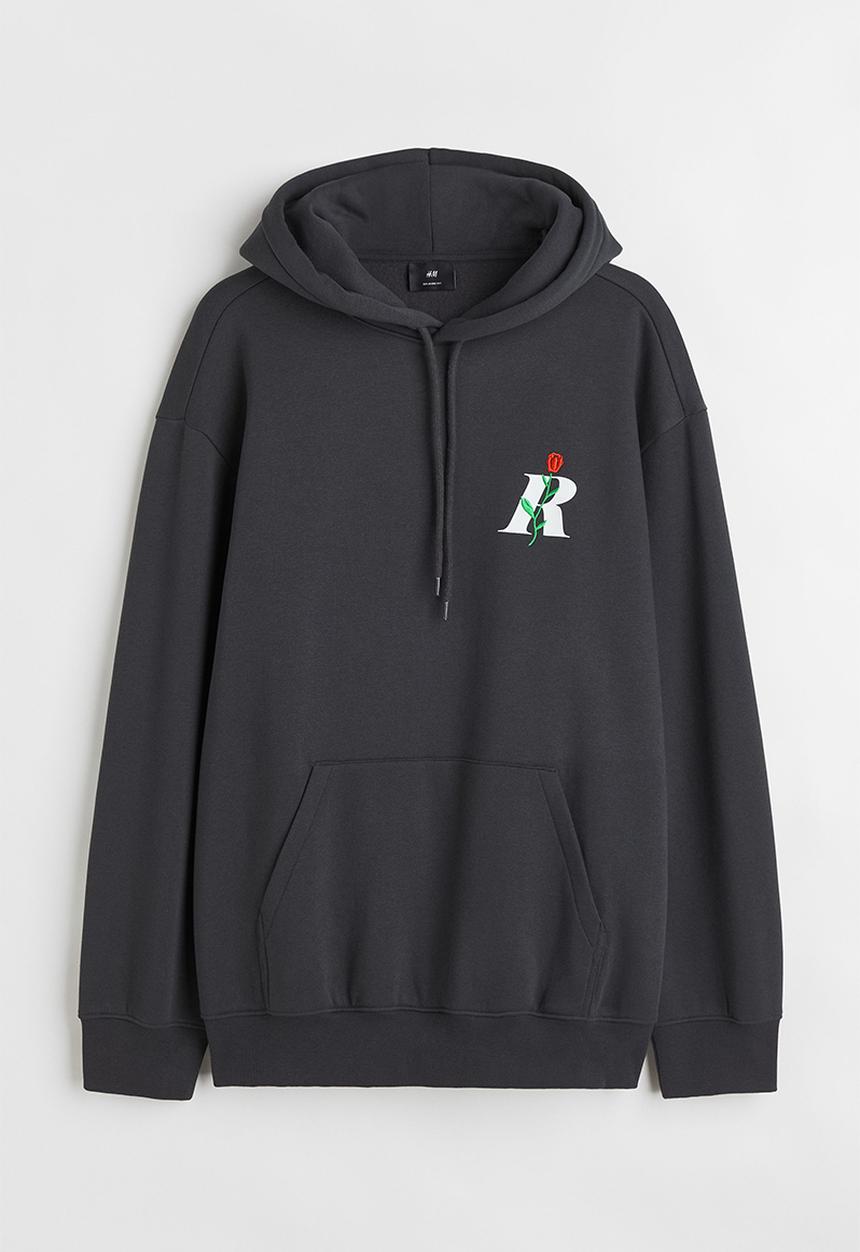 H&M - Relaxed fit printed hoodie - dark grey/rose