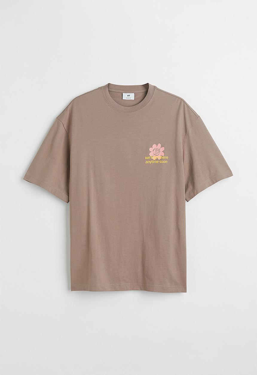 H&M - Relaxed fit cotton T-shirt - dark beige/flower