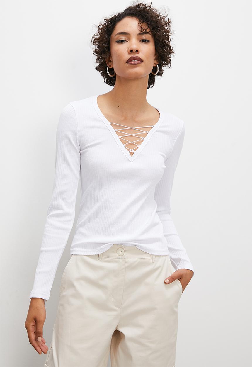 Superbalist - Long sleeve lace up tee - white