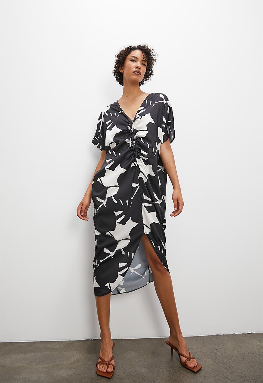 Superbalist - Printed satin kaftan dress with front drawstring detail - large shadow leaf