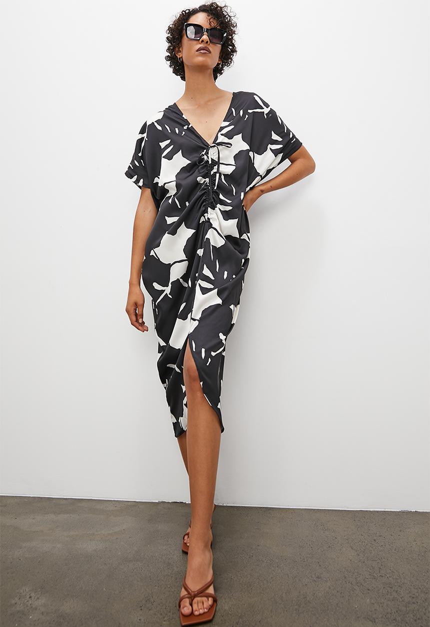 Superbalist - Printed satin kaftan dress with front drawstring detail - large shadow leaf