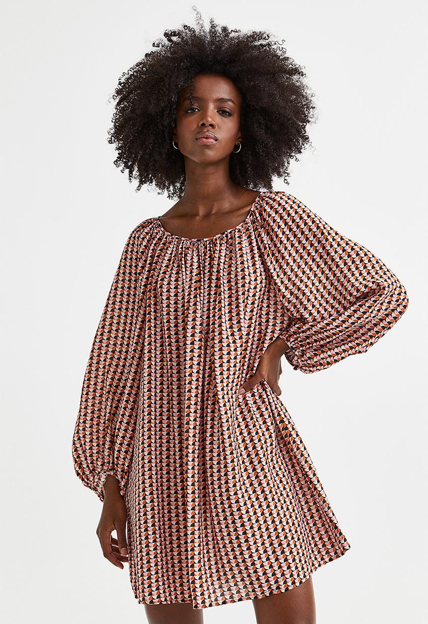 H&M - Balloon-sleeved crêpe dress - pink/patterned