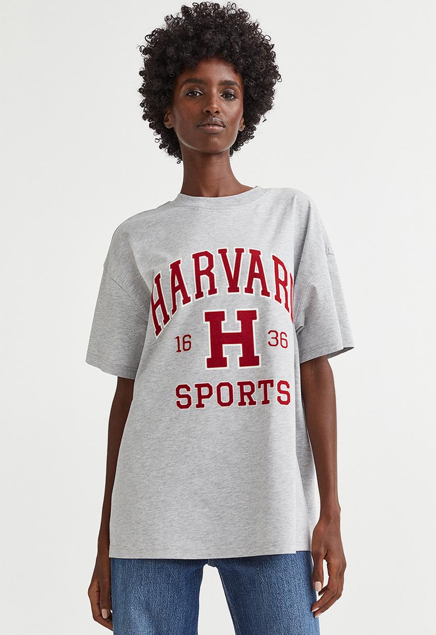 H&M - Oversized printed T-shirt - light grey marl/harvard