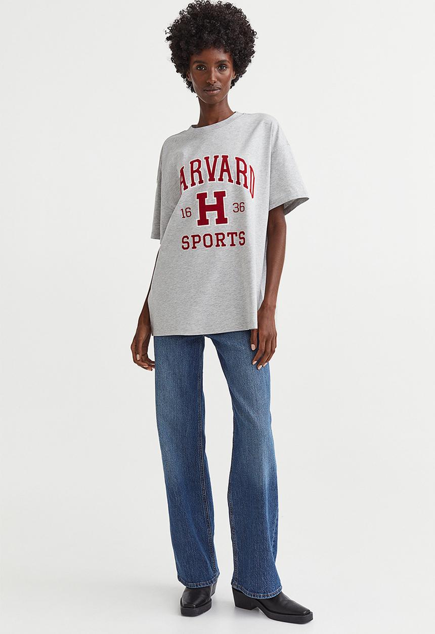 H&M - Oversized printed T-shirt - light grey marl/harvard