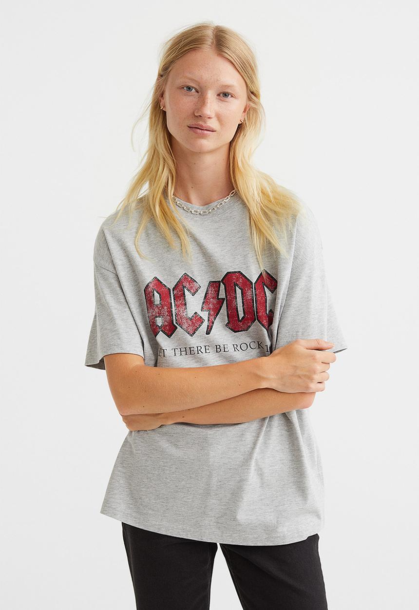 H&M - Oversized printed T-shirt - light grey marl/acdc