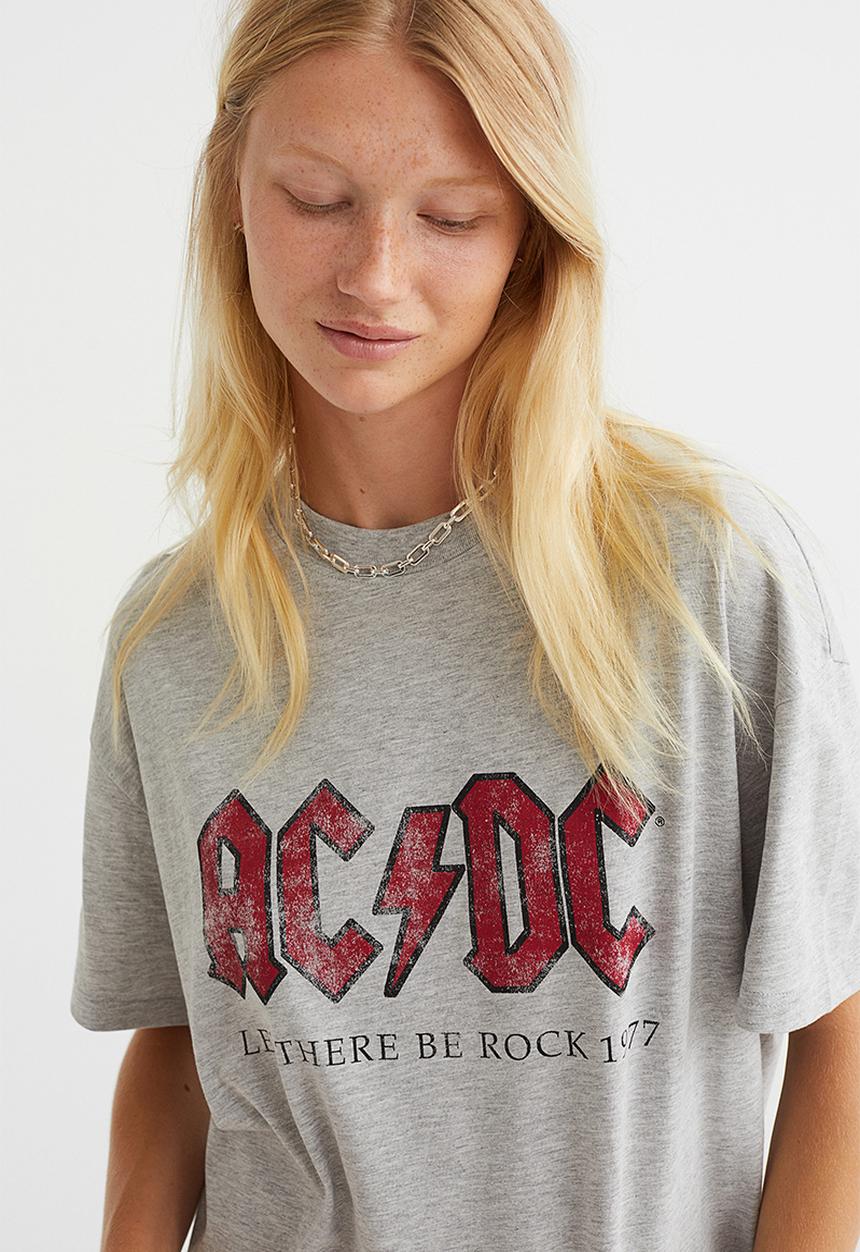 H&M - Oversized printed T-shirt - light grey marl/acdc