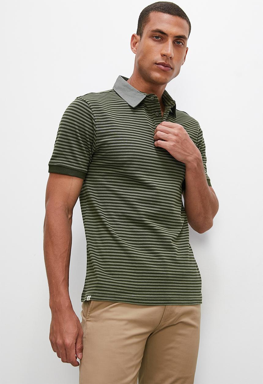 Lark & Crosse - Regular fit pique striped golfer - green