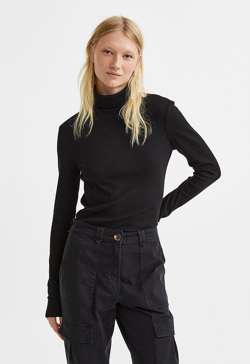 H&M - Modal-blend polo-neck top - black
